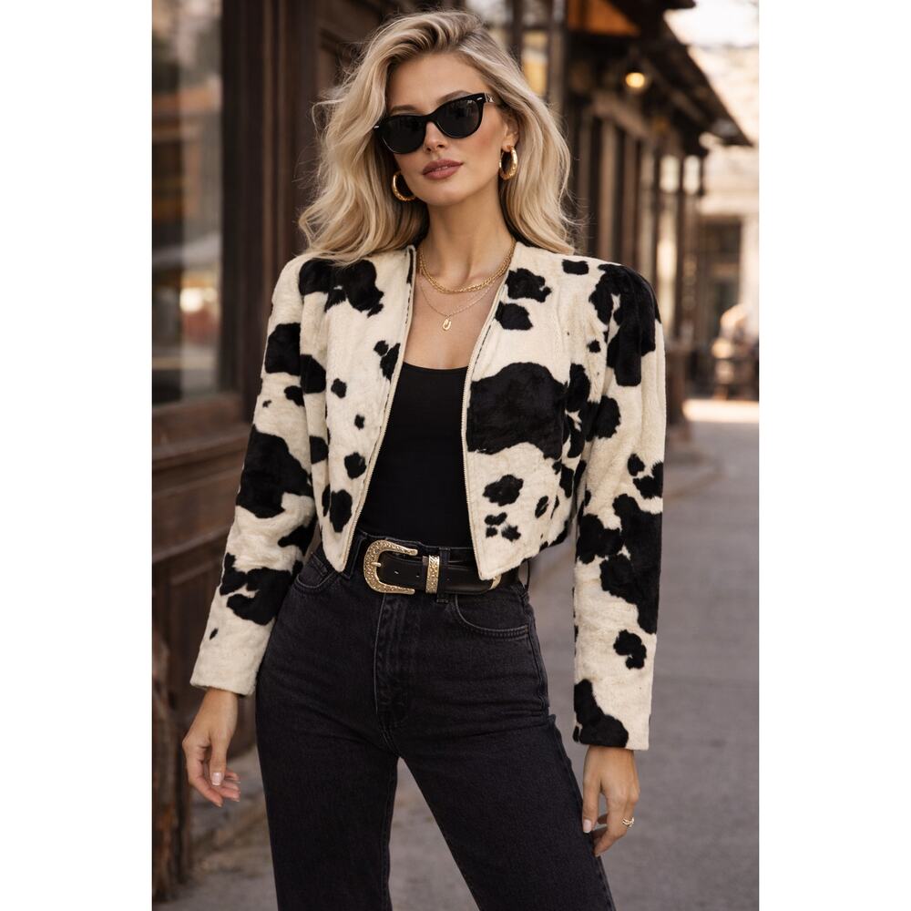 Vintage Bergdorf Goodman Dianne Beaudry Cow Print Cropped Jacket Made in USA-10